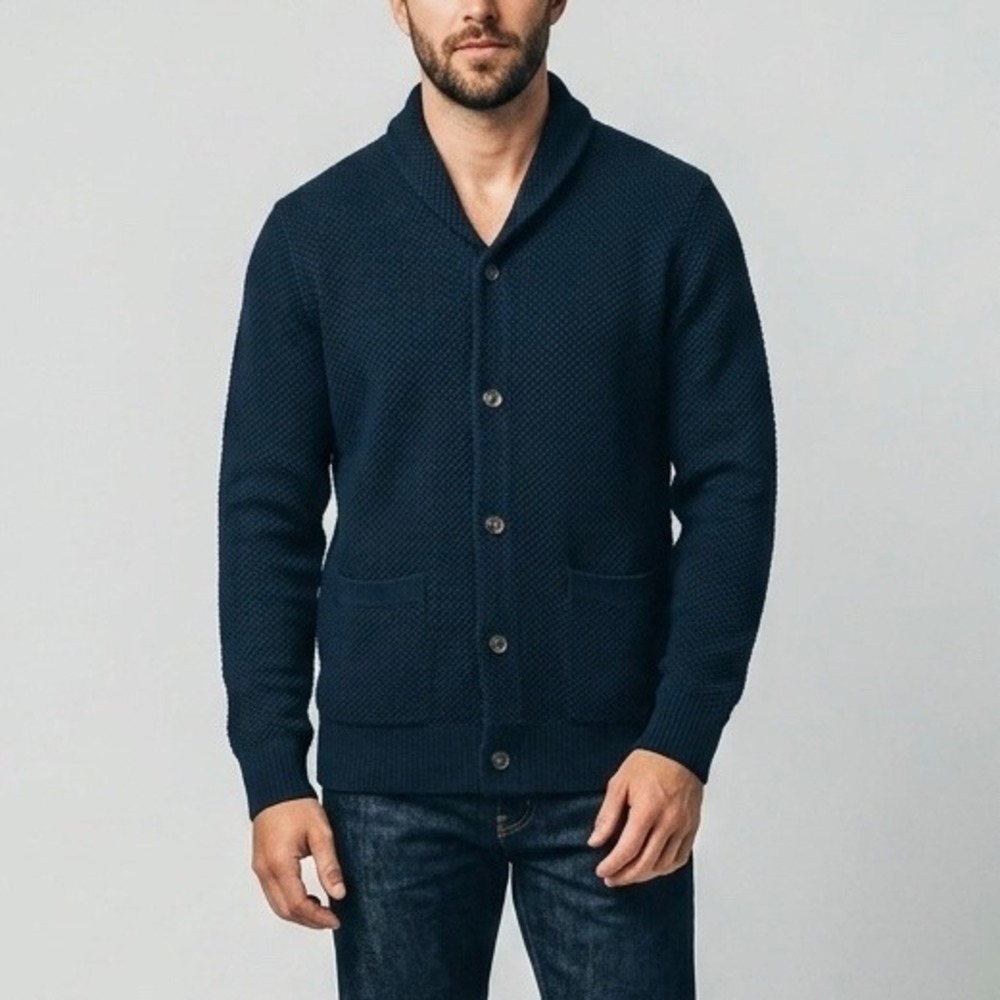 Taylor Stitch The Crawford Sweater Cardigan Navy Blue Shawl Collar Mens 40 Med